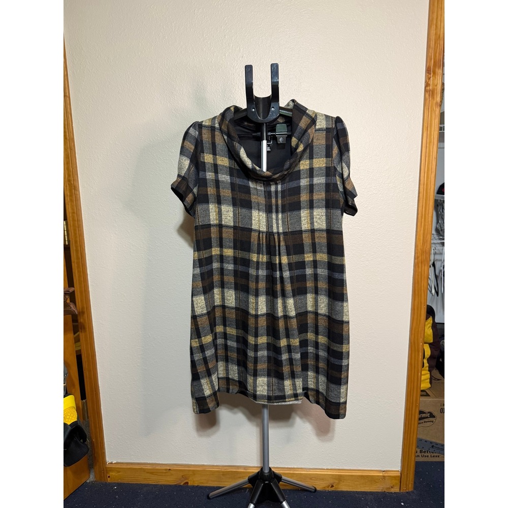 JH Collectibles Womens Plaid Cowl Neck Shift Dress Brown Tan Black PXL